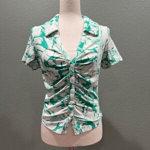 Anthropologie Maeve Women’s Medium‎ Ruched Blouse Green White Floral Collared